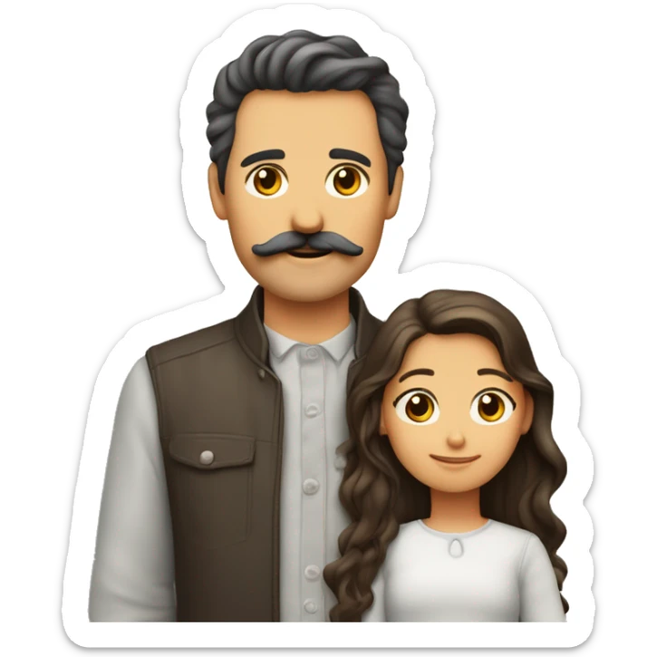 Familia de 4. Padre con bigote y cabello y tez clara. Madre con Cabello y tez clara. Dos hijas, una con pelo rizado largo, otra con pelo largo lacio. Todos con ojos cafés.   sticker