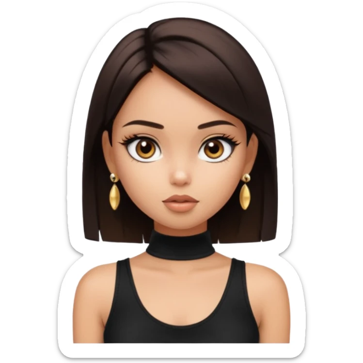 generate a pretty bratz girl in black cami top, dark brown straight short hair, eyeliner on. dark brown eyes. Wearing a white sleeveless turtleneck, gold stud earrings sticker