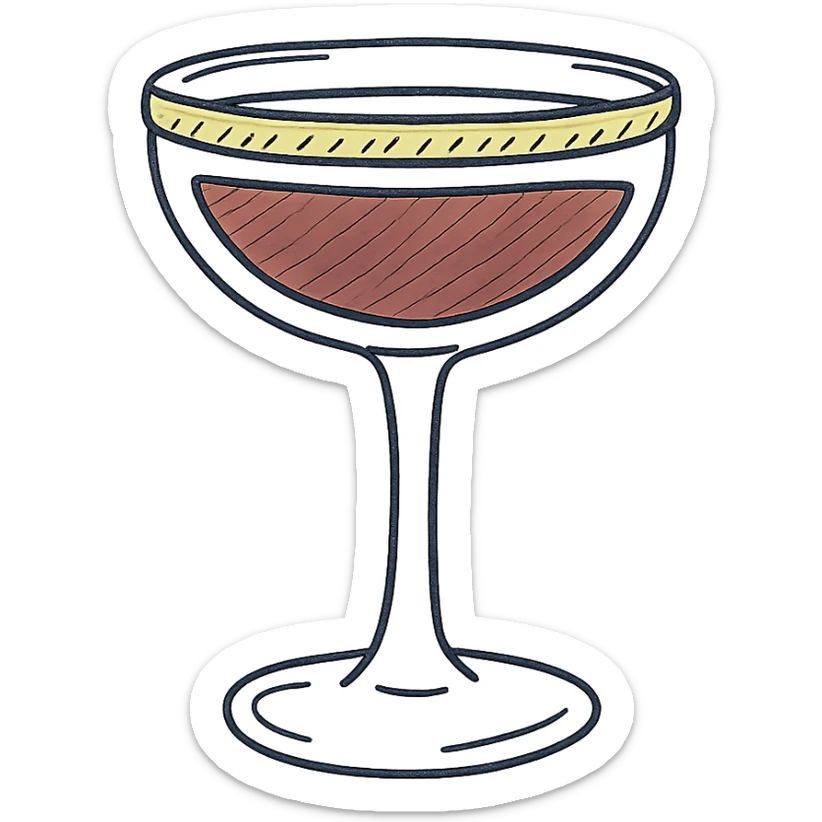 cocktail glass with burgundy drink and a gold rim, hand drawn style sticker