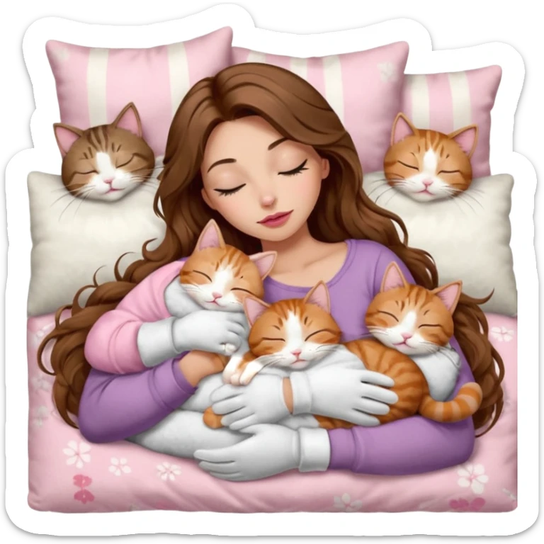 girl with long wavy brown hair, brown eyes, long lashes makeup, sexy pink lips, light to medium complexion,  sleeping on a cozy pillow, with 6 cats: 1 brown and white tabby cat, 1 ginger and white, 2 grey and white, 1 grey with white mittens and small white patch on chest and 1 calico, sleeping sticker