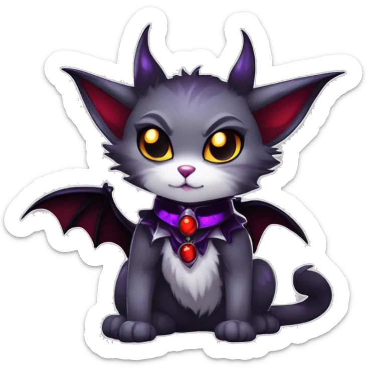 Anthro-Cute-Edgy-Cool-Vampiric-Batty-Cat-Black-Purple-Red-Grey-White-Yellow-Contrast-Colors-Fantasy-Fur-Sona-Chibi-Shiny-Fakémon-Hybrid with horns and fangs and collar full body sticker