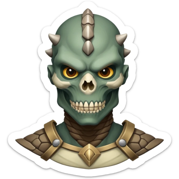 The face of a monstrous, reptilian human fighter with protruding skull and gray-brown skin sticker