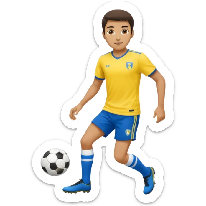 Persian soccer player in full soccer team kit with a yellow top, blue shorts and white socks, no soccer ball sticker
