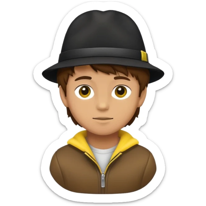 boy with fluffy brown hair wearing a black hat with yellow accents sticker