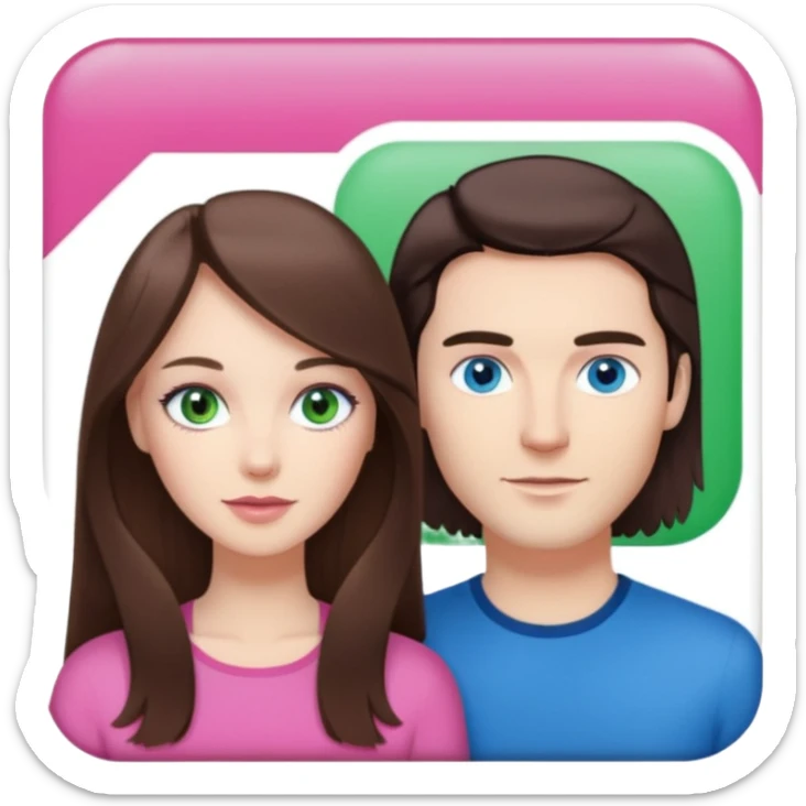 pink polaroid photo of a couple thats white with long brunette hair blue eyes and a white guy with short brunette hair and green eyes sticker