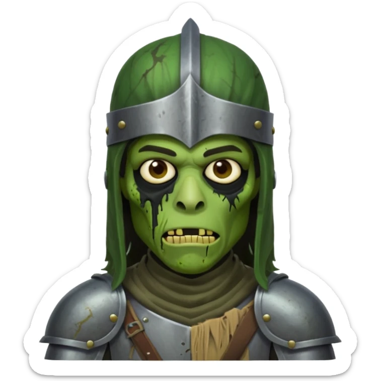 A black male with long black rough hair wearing a knight helmet with green zombie skin sticker