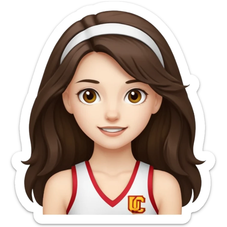 skinny white happy long haired brunette girl in a white USC cheerleader costume sticker