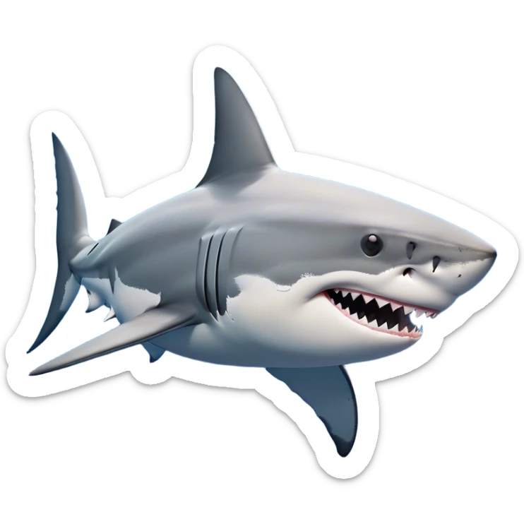 Cinematic Noble Great White Shark Portrait Emoji, Poised and regal, with a robust, torpedo-shaped body, a pointed snout, a gleaming white underbelly contrasting with a slate gray dorsal surface, and piercing, intense eyes scanning deep blue waters, Simplified yet sharp and sophisticated features, highly detailed, glowing with a cool, oceanic luminescence, high shine, intelligent and commanding, stylized with an air of marine authority, focused and vigilant, soft glowing outline, capturing the essence of a watchful and confident predator that appears ready to surge out of the screen with effortless power! sticker