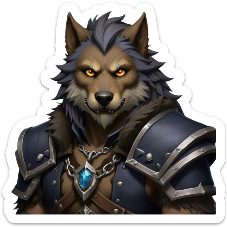 Cinematic Realistic WoW Worgen Portrait, depicted as a fearsome blend of man and beast, with rugged, dark fur intermingling with tanned, weathered skin. His piercing amber eyes and fierce expression are framed by disheveled hair and subtly detailed, worn leather attire in dark, consistent hues. Rendered with lifelike texture and dramatic, natural lighting, high shine, noble and formidable, capturing the primal nobility of a legendary worgen warrior. sticker