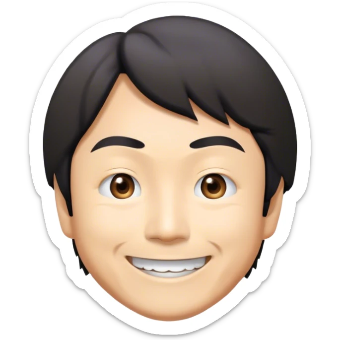 ​Cinematic Realistic Portrait of a Smiling Shigeru Miyamoto, depicted with warm, approachable features, showing a giant smile with expressive eyes, set against a subtle backdrop, inviting lighting that captures his innovative spirit sticker