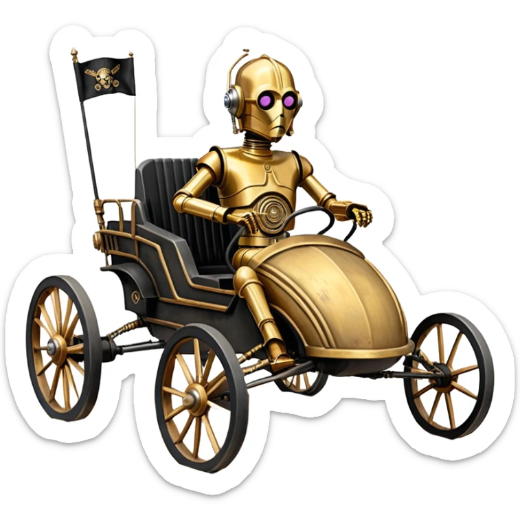 Old American West tarnished C-3PO bounty hunter 1854 delicately ornate rosegold accents painted dune buggy buckboard wagon powered by electric motors and batteries with safety features and belts flying rapidly across rough dusty terrain stable on strong agile futuresteampunk suspension and steering  sticker
