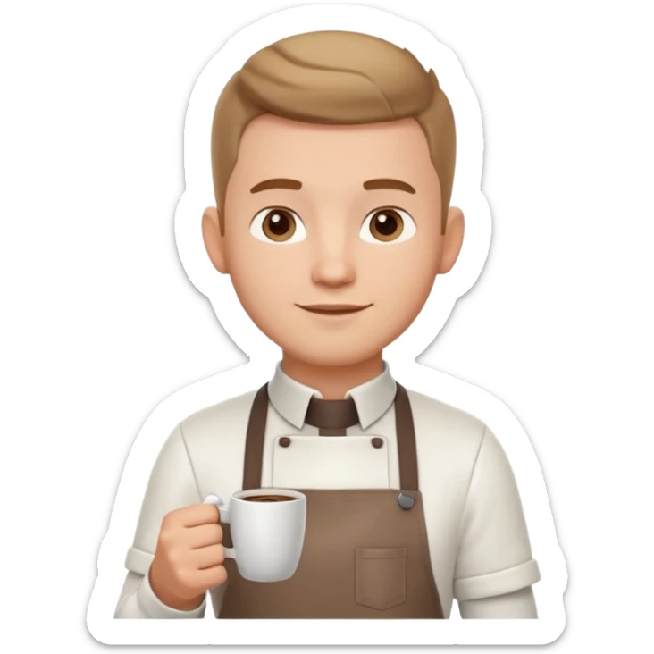 male barista portrait, head and shoulders only, wearing apron collar, holding a coffee cup, confident friendly expression, cafe worker vibe, 3D cartoon, mobile game icon style, clean background, no text, no watermark
 sticker