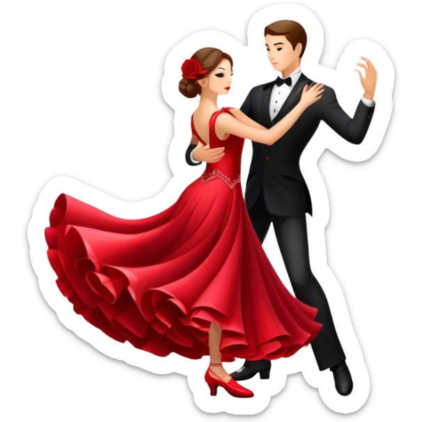 Icon for Ballroom Dancing: a pair of ballroom dance shoes, a rose, a dance floor, a flowing, voluminous ballroom dress in motion, and a shining spotlight. The icon should represent the elegance and atmosphere of ballroom dancing, focusing on the attire and setting. Transparent background. sticker