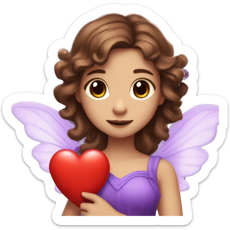 twitch emote of a wavy brown haired girl hugging a red heart and she is a purple fairy and has br0wn eyes and tan skin sticker