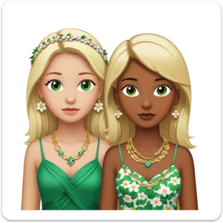 There will be two young women. One with dark brown skin, brown eyes, blonde hair, wearing a lot of necklaces and earrings. The other woman with green eyes, white skin, blonde hair, wearing a necklace and earrings, both wearing flowery dresses. sticker
