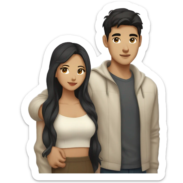 A half pale Asian man with short dark hair and amber eyes embracing and loving a half Asian woman with long wavy dark hair and dark hazel eyes. They love each other a lot And have good fashion taste. sticker