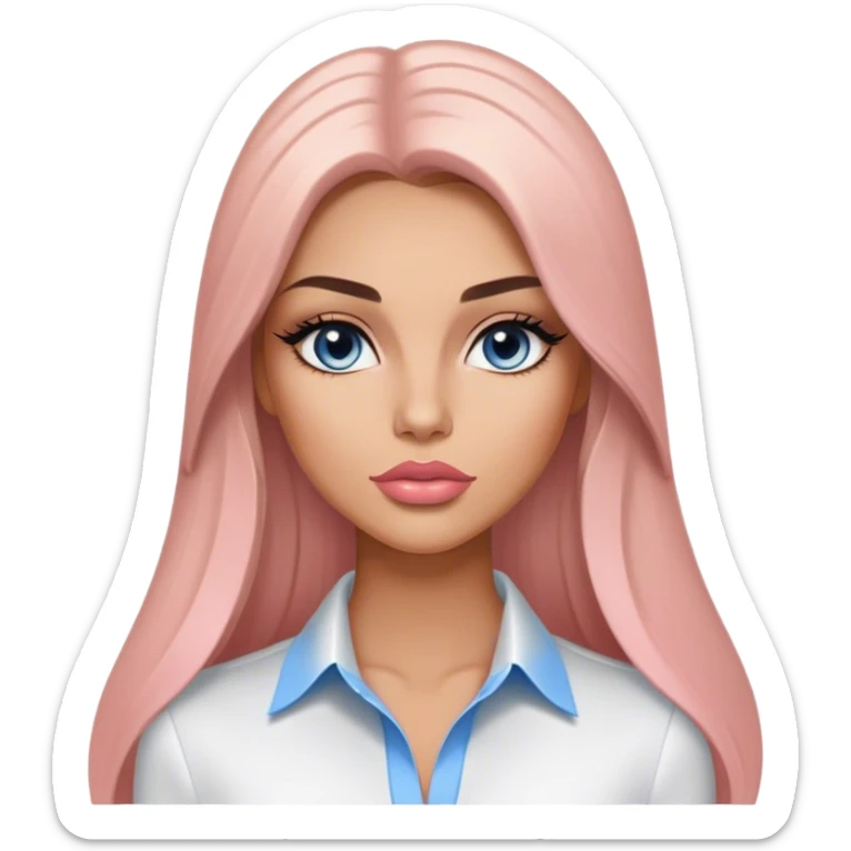 Glamours, tanned, very beautiful girl, with big pump peach-beige-rose lips, long long lashes, black straight smooth silky long hair, straight parting hair, blue-grey eyes, in white shirt, no additional things just white bckground sticker