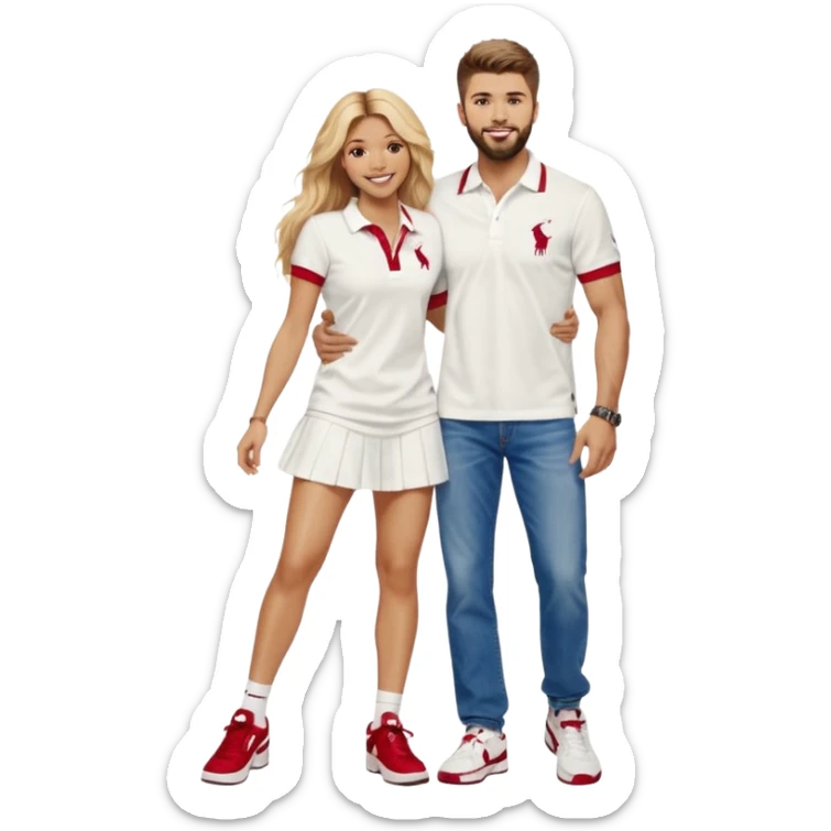 Shakira with blue eyes and her husband  Gerard pique with blue eyes holding her in his armsThey both laugh at each other its romantic&he wears a nice polo from Ralph Laurent in white& a nice baggy jeans with 97 Nike sneaker. She is wearing a romantic feminine short red dress with white open heels  sticker