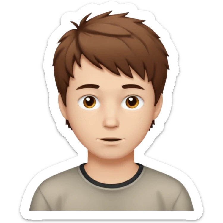 Create an emoji of a man with white skin and short brown but slightly messy hair sticker