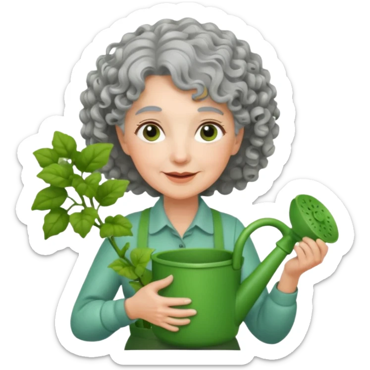 Older female florist – curly hair, hold garden watering pot sticker