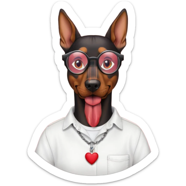 Generate a emoji of a big evil doberman dog with red eyes and a tongue sticking out, give the doberman a human body with a white shirt and baggy jeans, make the doberman have ear piercings and a septum ring, make the dog have black circular glasses with a red tint sticker