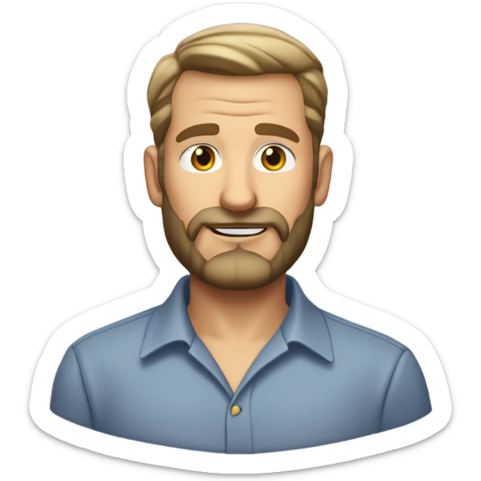 middle aged english man, short slicked back hair dark blonde, dark blonde medium length size full beard, in a smart unbuttoned shirt. sticker