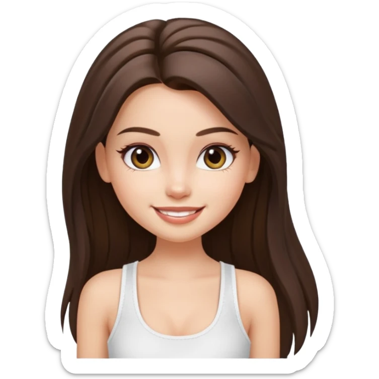 a pretty bratz fair girl with straight brunette long hair, middle partition. wearing a white thin strap trap tank top, smiling, wearing light makeup. very pretty. sticker
