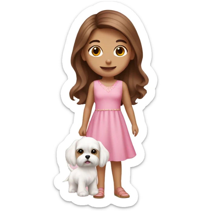 Brown hair girl with maltese puppy with pink dress sticker