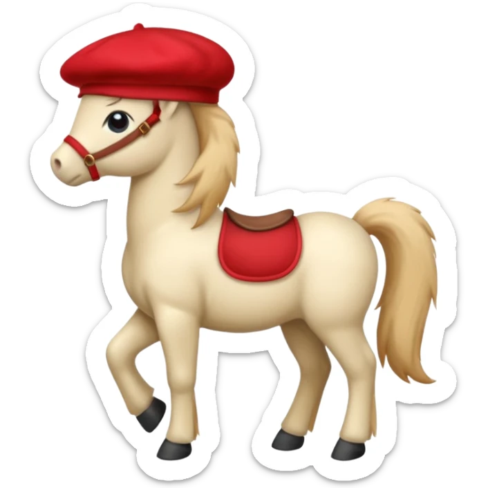 A cute pony (horse) emoji, full body, standing in side view, wearing a stylish red beret. sticker