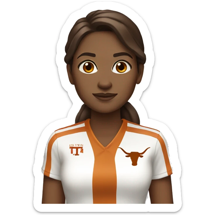 Brown hair, white skin, woman. Wearing University of Texas Longhorn clothes sticker