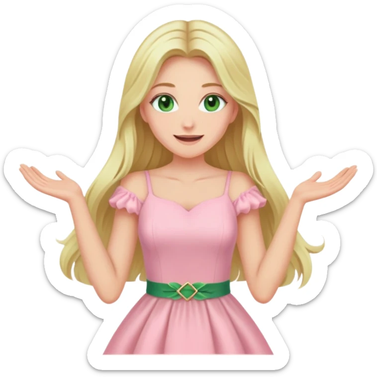 blonde with long hair and swamp green eyes rejoicing in a pink pastel dress sticker
