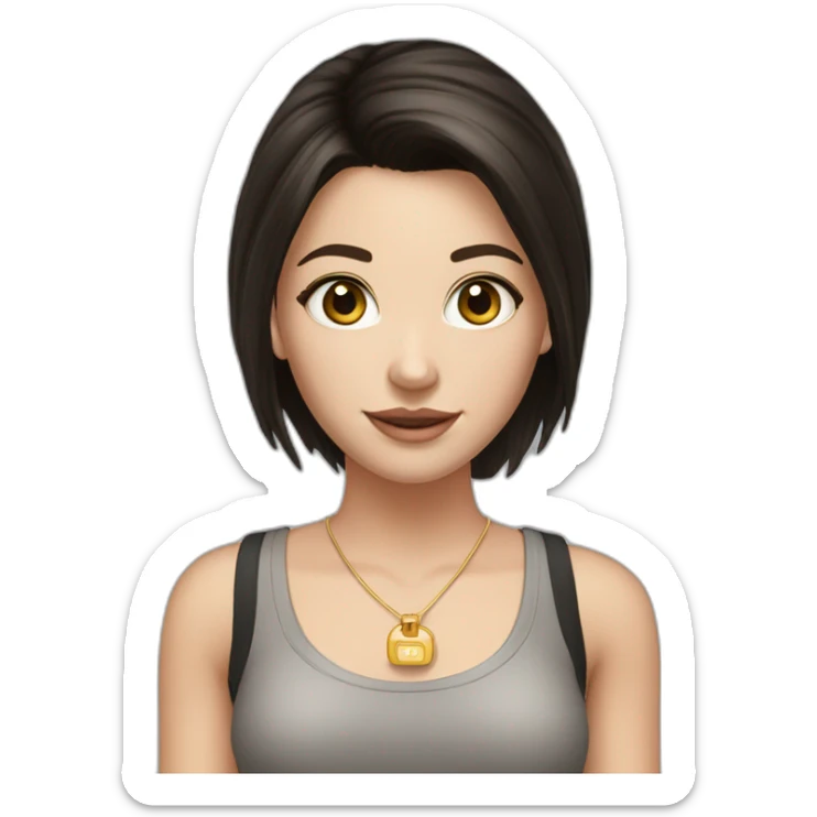A white girl, with straight dark hair, with dark brown eyes, and she has to be smiling, with a black tank top, a golden hoop earring, holding a camera sticker