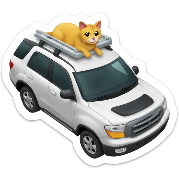 A cartoon emoji-style car with a curious cat peeking out from the open hood of the engine compartment. sticker