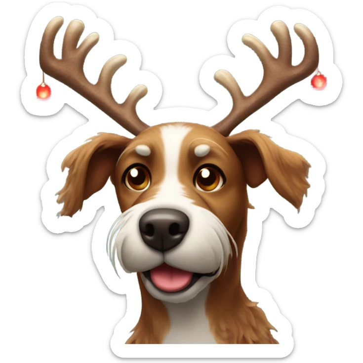 Brown scraggly dog with Christmas antler and red light up nose like Rudolph   sticker