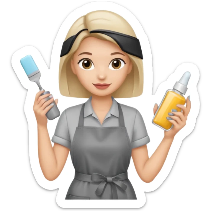 female nail master in grey apron with small gel polish in one hand and nail file in other  sticker