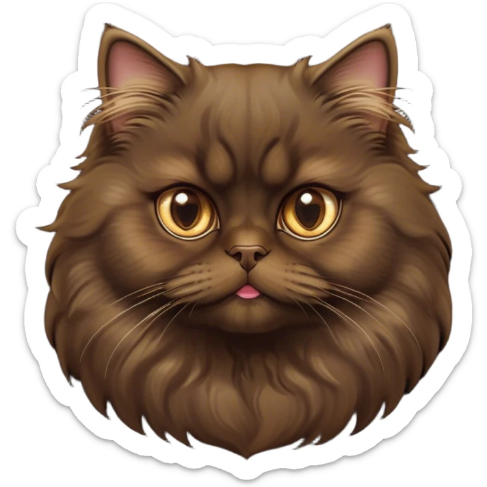 Cinematic Adorable Big-Eyed Fluffy Dark Brown Persian Cat Portrait Emoji, Head tilted playfully with a sweet expression, fluffy dark brown fur with rich caramel and gold undertones, Simplified yet irresistibly cute features with large, expressive eyes, highly detailed, glowing with a warm and gentle glow, high shine, a mix of affectionate and curious, stylized with a touch of whimsy, bright and full of charm, soft glowing outline, capturing the essence of a fluffy, loving kitty with oversized eyes, so endearing it feels like it could leap out of the screen and cuddle with you instantly! sticker