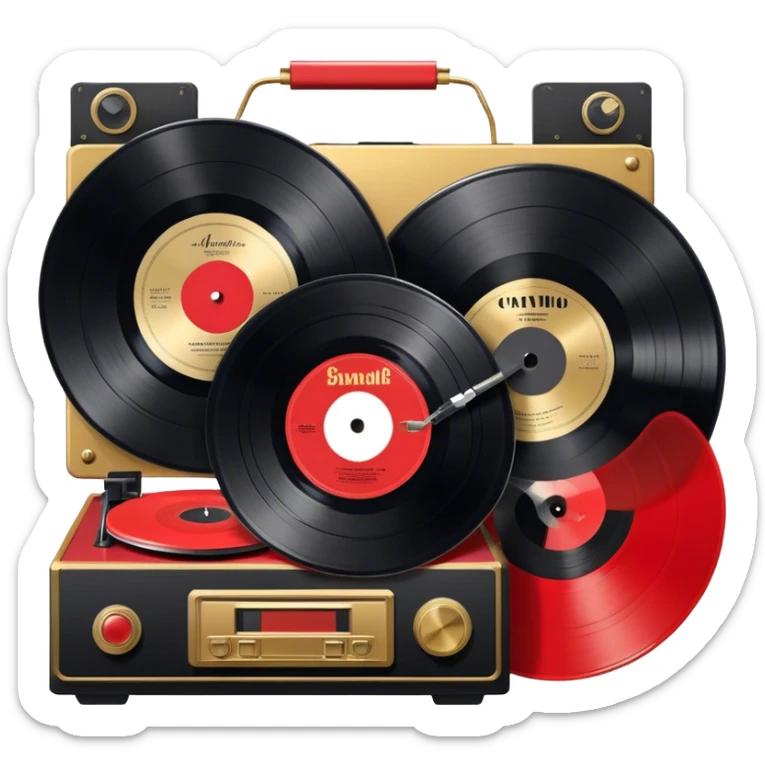 Icon for Vinyl Record Collecting: large black, golden and red vinyl records in decorative packaging featuring artist images, neatly arranged on a wall or shelf, modern vinyl record player. The icon should reflect the aesthetic and artistic aspect of collecting vinyl records. Transparent background. sticker