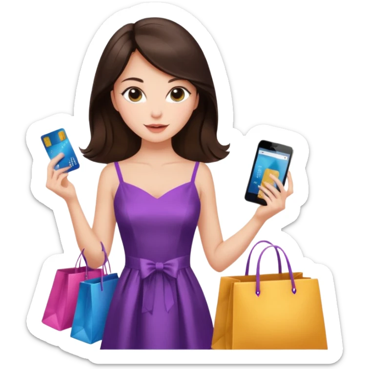 Glam brunette girl calmly choosing one premium shopping bag, giving a small approving nod — quality over quantity sticker