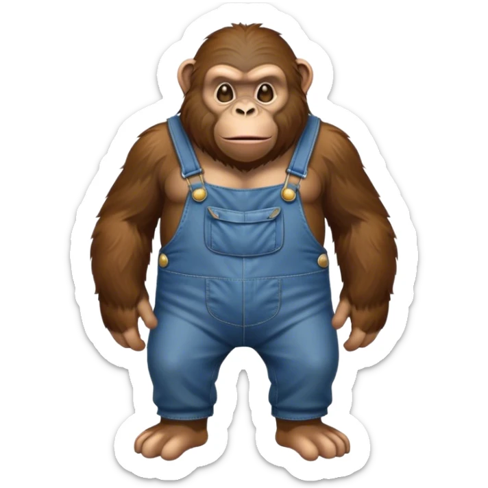 standing ape talking disheveled show full body wearing overalls cross-eyed sticker