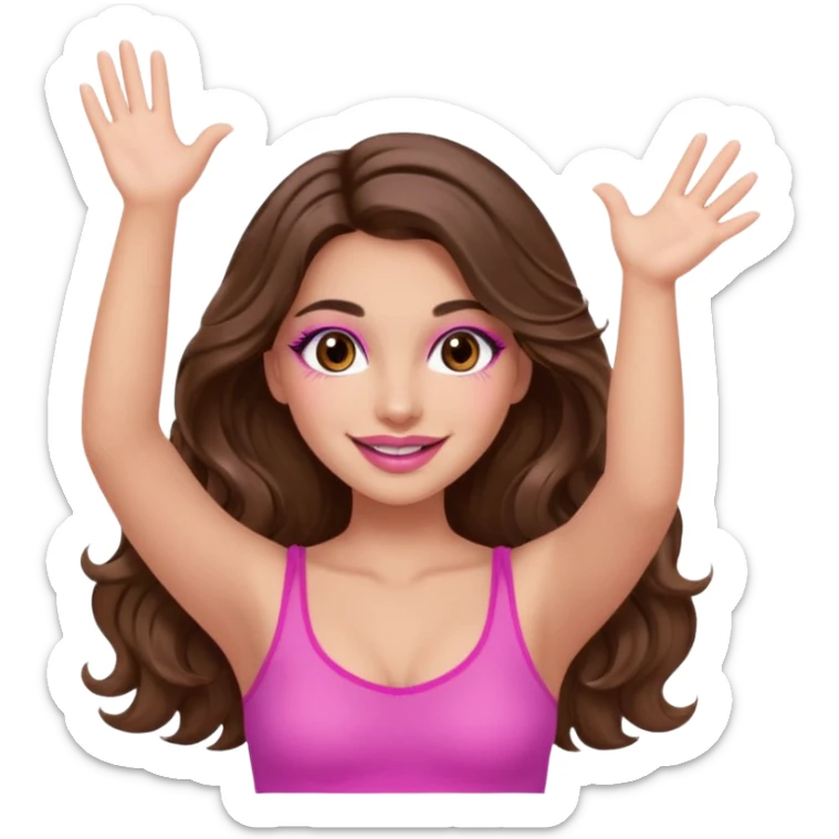 girl with long wavy brown hair, brown eyes, long lashes makeup, sexy pink lips, light to medium complexion, wearing a pink sexy top, both hands in the air high sticker