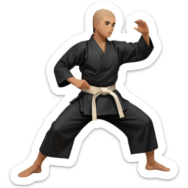 An icon depicting a martial artist in a black gi performing an Aikido technique in a dojo. The background showcases wooden floors, traditional dojo decor, and soft lighting that creates a peaceful yet focused atmosphere. The Aikido practitioner demonstrates fluid movement and precision.  sticker