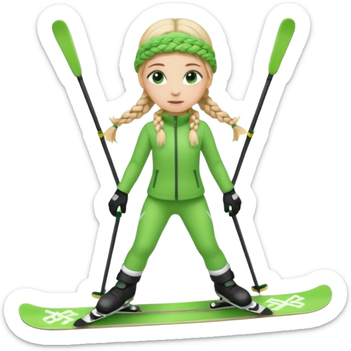 Green eyed cute Blonde girl with braids standing on skis  sticker