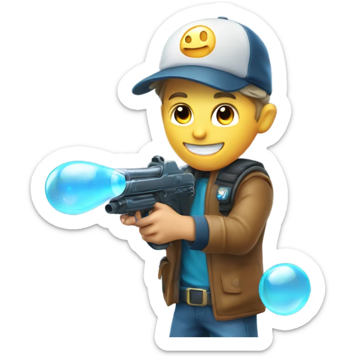 Caucasian boy in glowing gear with mask and hat and shooting a bubble gun sticker
