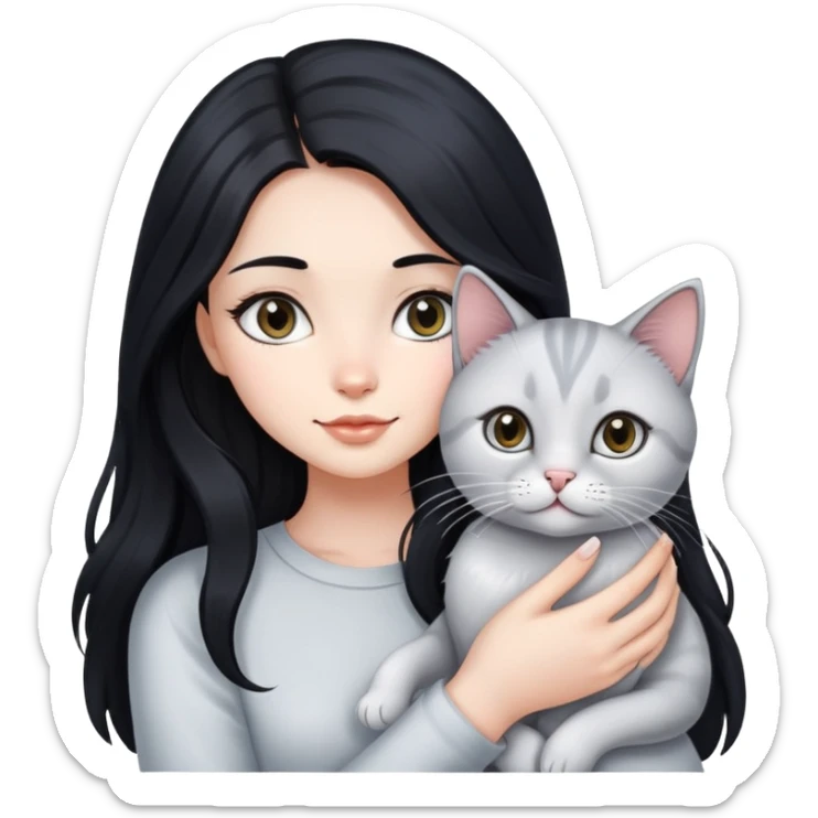 beautiful girl with long black hair holding a silver-colored cat sticker