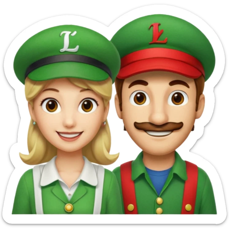 blonde female Luigi (with the Luigi green hat with an L on it) and a normal brown hair male Mario with the red hat with a M on it. They are friends just smiling sticker