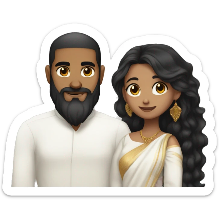 Light skin;Black long hair girl  in a white saree hugging with a man with black beard and hair on top sticker