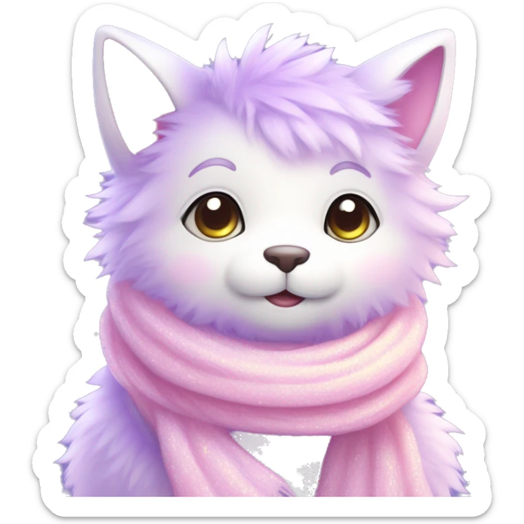 Kawaii cute gorgeous colorful sparkly bright light pastel lilac-pink-white-gradient fantasy ethereal fluffy fursona animal creature with a cute scarf sticker