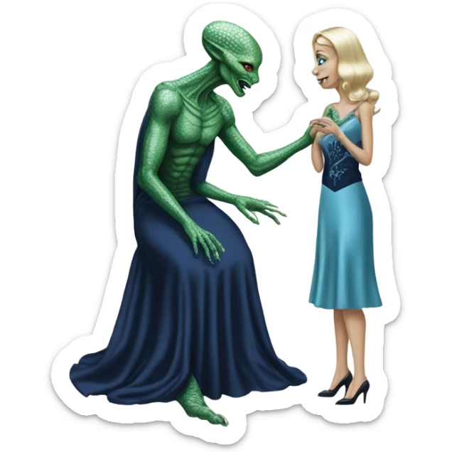alien reptilian green skin woman, in long slim pastel blue formal party satin dress with gradient shiny sparkling navy blue diamonds embroidered , and caucasian man in black dres on his knees asks her to marry her sticker