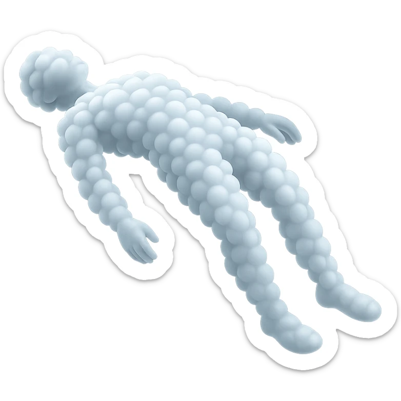 side view of unconscious person flying torso up, legs and arms down, made of small very bright white fluffy convex clouds, matte glass style sticker