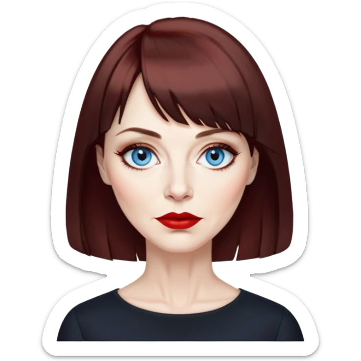 Artistic woman in her late 50s with pale skin, wider face, visible age lines around eyes and mouth, blue eyes with eyeliner, thin eyebrows, red lipstick, dark auburn hair with bangs styled more conservatively, wearing a black top sticker